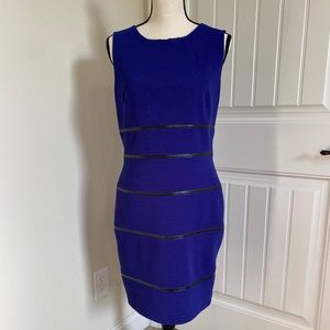 Unique work dress, blue with black leather accent, size 8